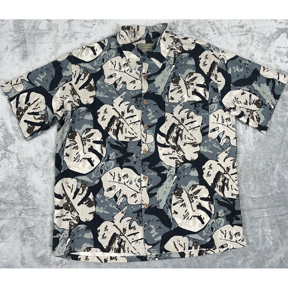 Hawaiian 100% Silk‎ Mens Medium Shirt Short Sleeve Monstera Floral Natural Life